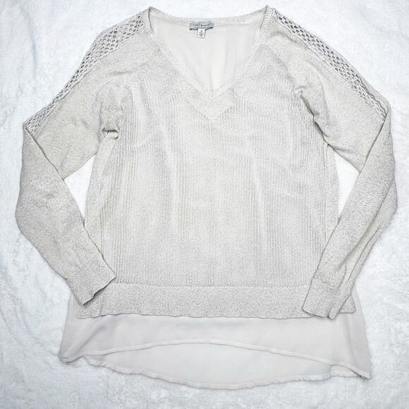 LUCKY BRAND Cream Gold Metallic Layered Crochet Sleeve V-neck Sweater Medium - Picture 5 of 10